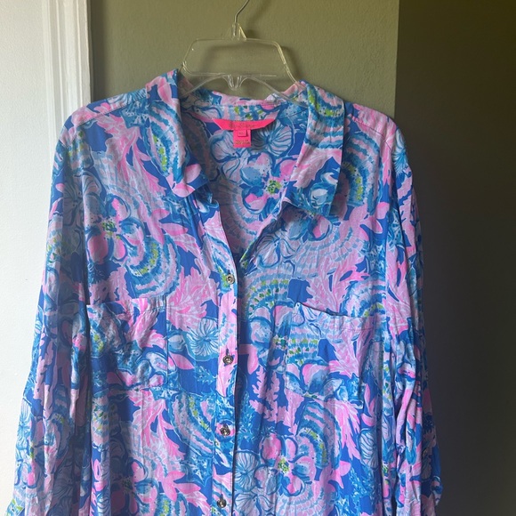 Lilly Pulitzer Blue Pink  Floral Tunic Cover Up Dress Sz XL - Picture 9 of 13